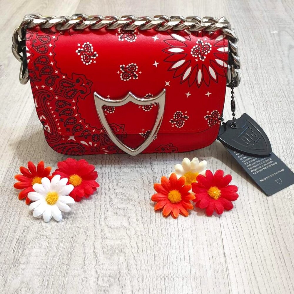 Italian HTC L.A Leather Handbag Paisley Red Black Small Casual Formal Purse Gift